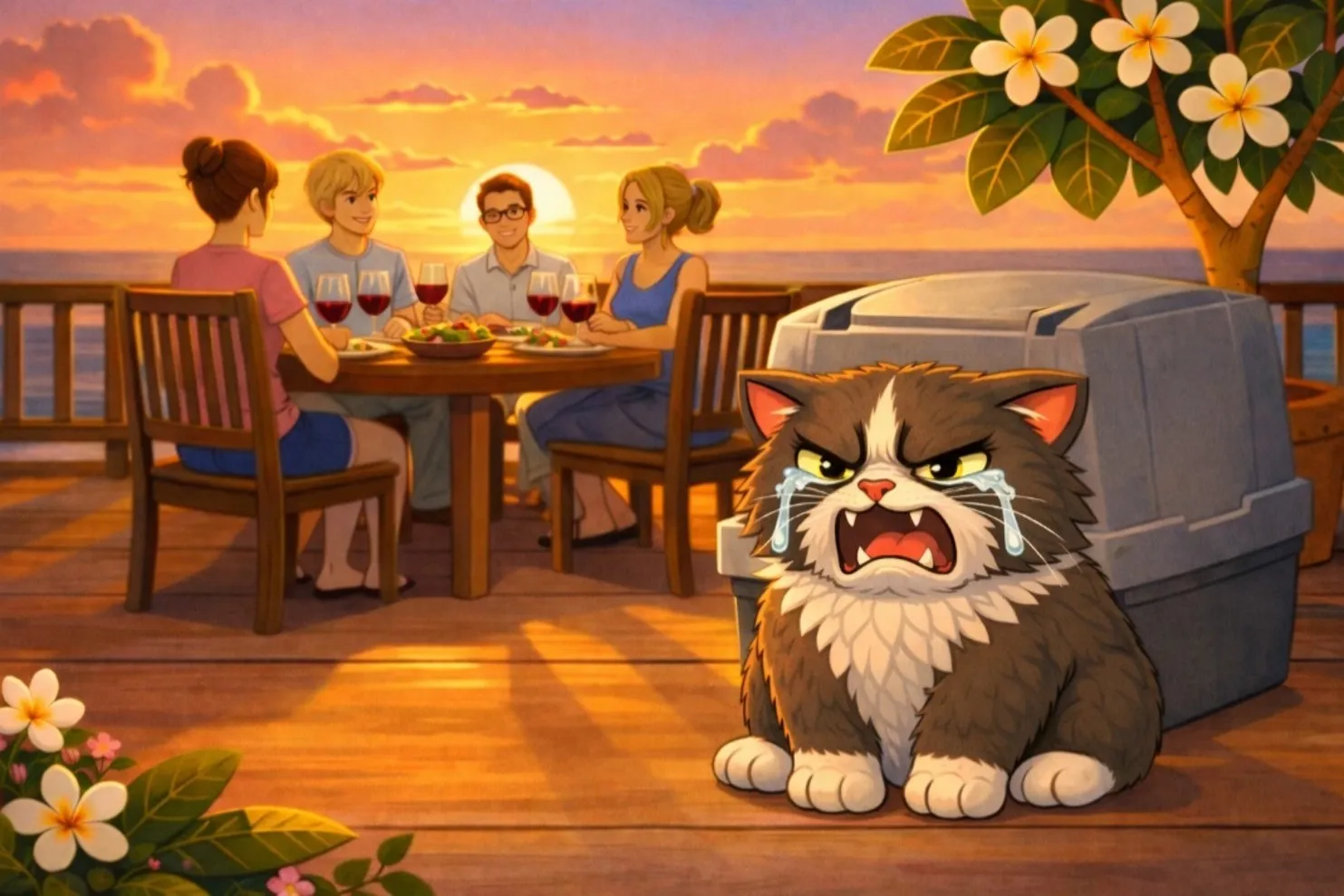 Marie-Joëlle observe les invités pendant le repas sur la terrasse