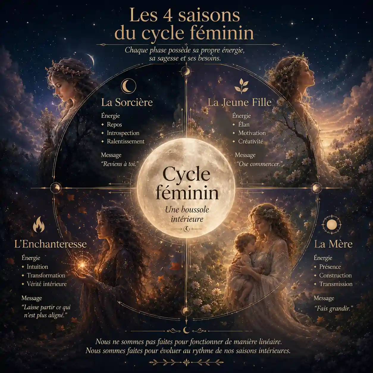 les quatre saisons du cycle féminin : la sorcière, la jeune fille, la mère et l’enchanteresse, avec leurs énergies, leurs besoins et leurs messages clés