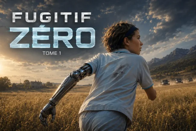 Fugitif Zéro, nouvelle de science-fiction jeunesse imaginée par Liam Calle, avec un jeune garçon au bras métallique poursuivi dans un champ.