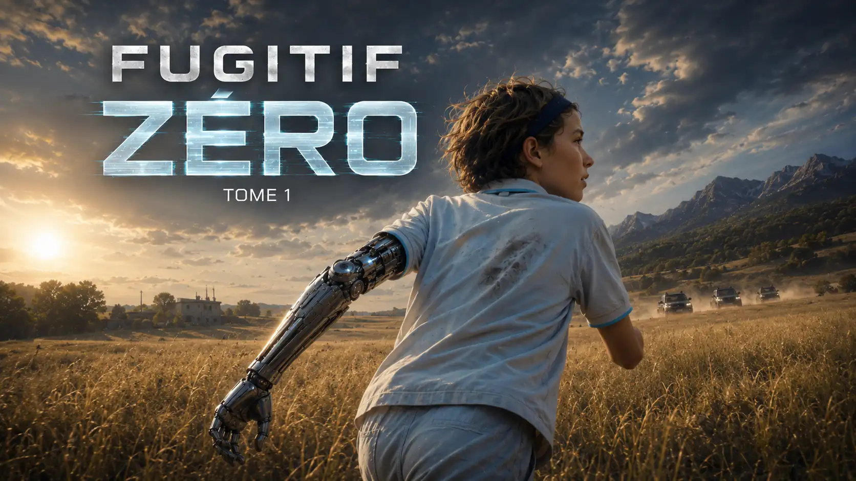 Fugitif Zéro, nouvelle de science-fiction jeunesse imaginée par Liam Calle, avec un jeune garçon au bras métallique poursuivi dans un champ.