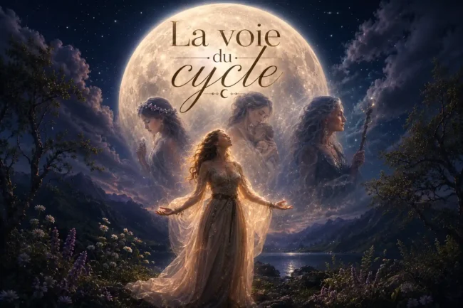 Illustration du cycle féminin représentant les quatre saisons intérieures de la femme : sorcière, jeune fille, mère et enchanteresse.