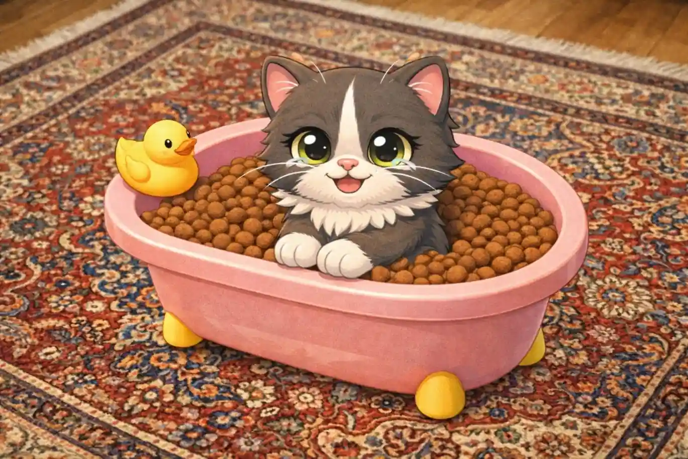Marie-Joëlle chaton dans une baignoire remplie de croquettes à la SPA