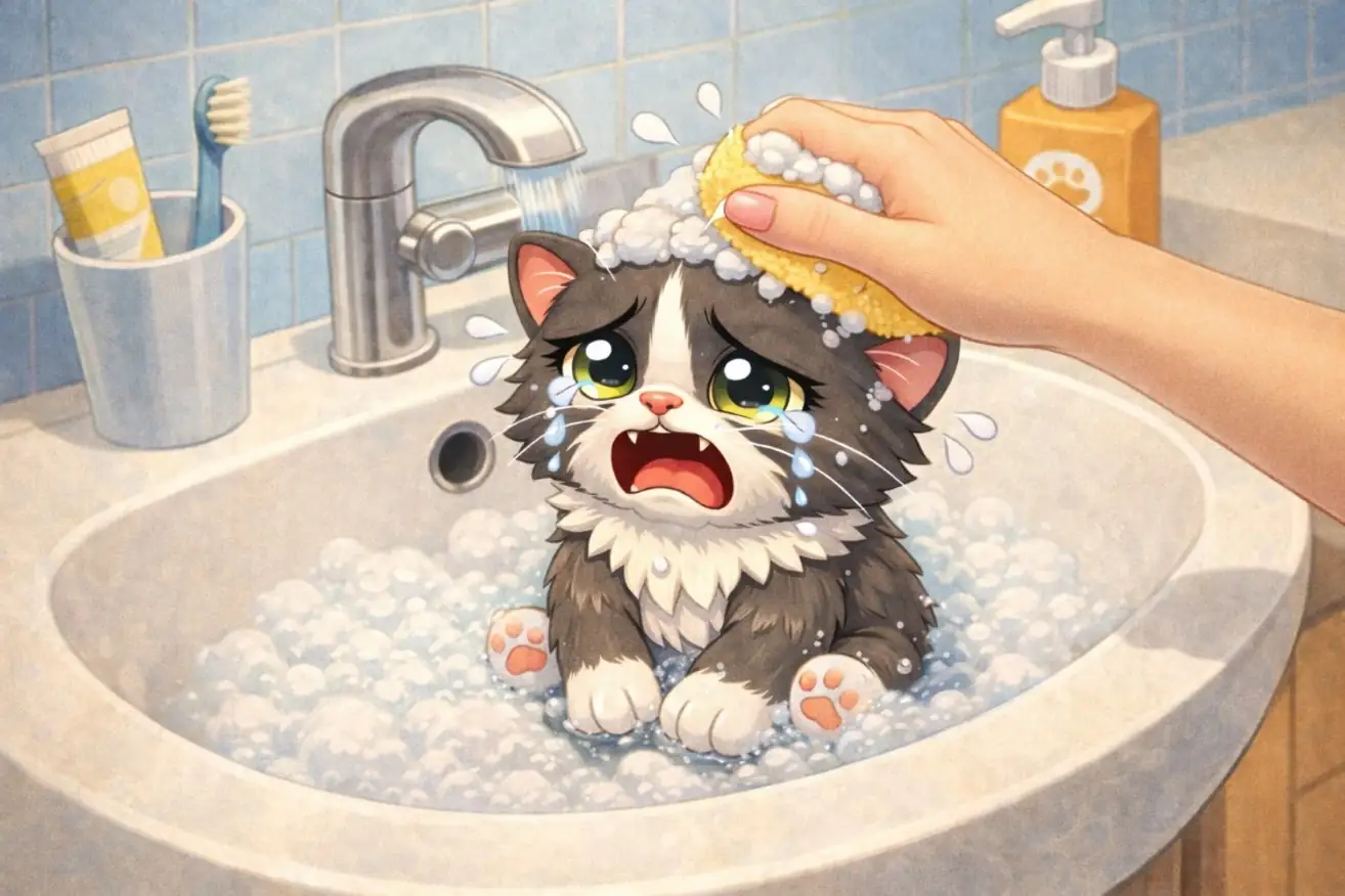 Marie-Joëlle chaton découvre le bain
