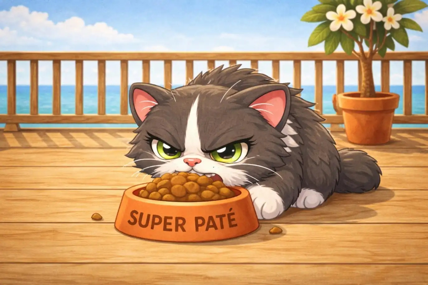 Marie-Joëlle boude devant sa gamelle de croquettes