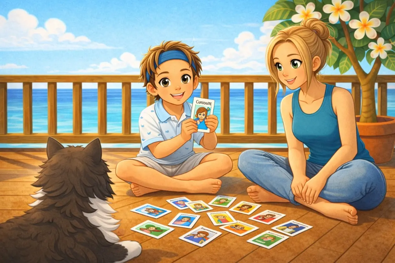 Liam et Maman jouent aux cartes des forces de caractère avec Marie-Joëlle