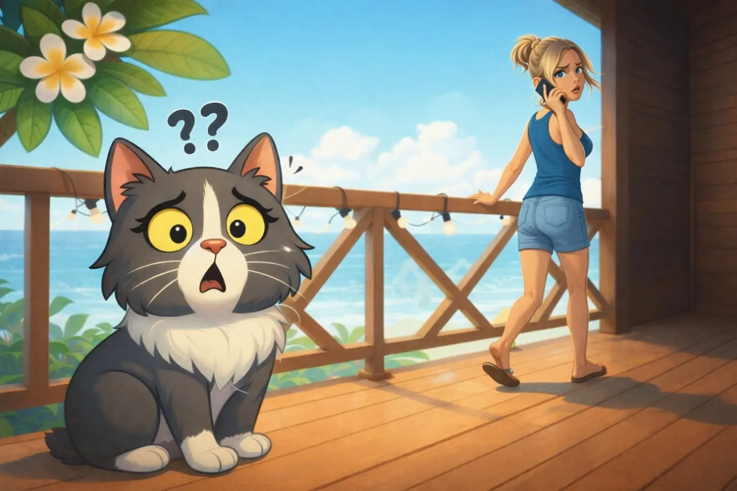 Dessin animé pour enfants montrant Maman paniquée au téléphone et le chat Marie-Joëlle intrigué.
