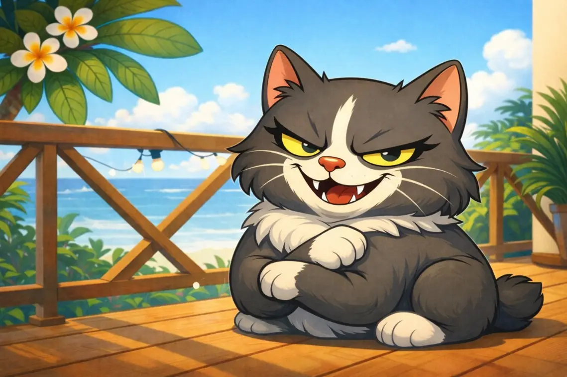 Illustration jeunesse du chat Marie-Joëlle souriant de manière malicieuse sur la terrasse.