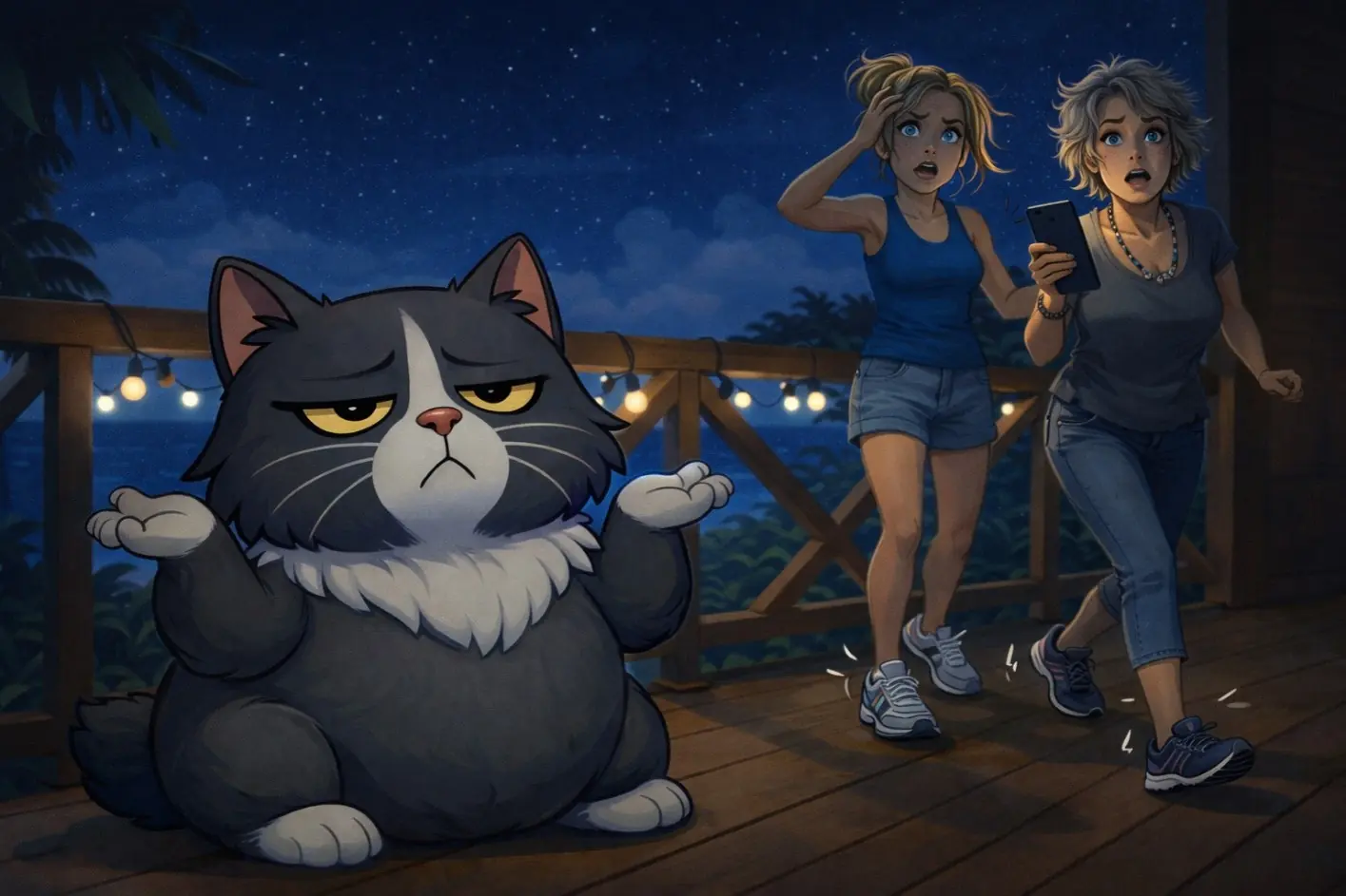 Dessin animé jeunesse montrant Maman et Tatie Nat cherchant leur chien perdu pendant la nuit.