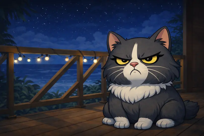 Le chat Marie-Joëlle agacé sur la terrasse pendant que les humaines crient le nom du chien.