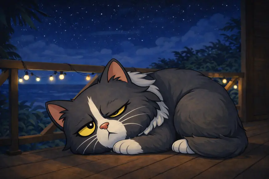Illustration d'un chat grognon allongé par terre voulant dormir paisiblement.