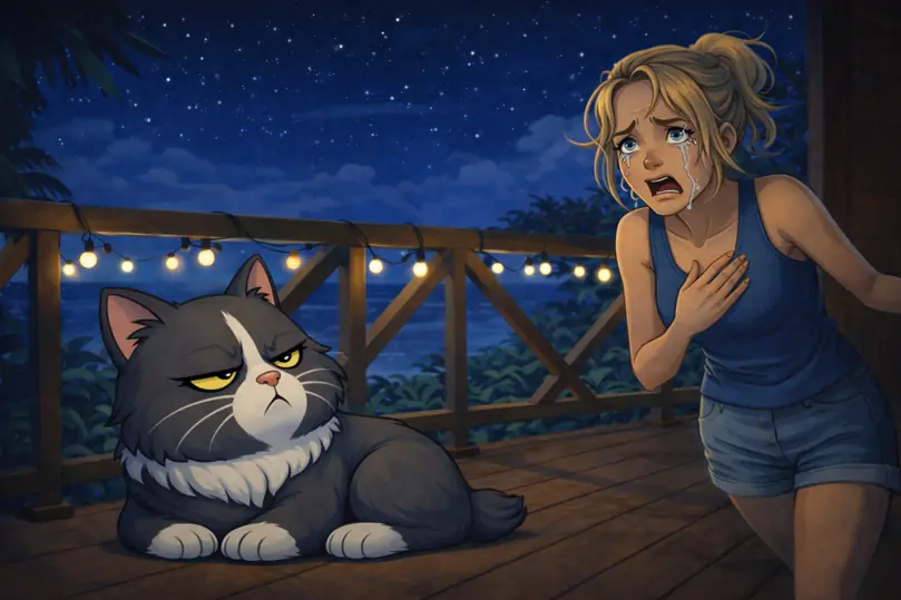 Maman en larmes dans une illustration de livre pour enfants style dessin animé.