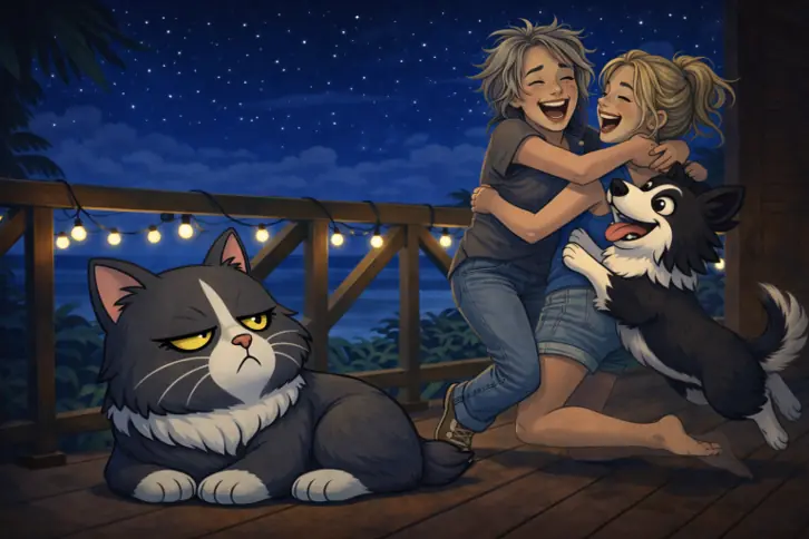 Maman et Tatie Nat s'enlaçant de joie avec Charlie le chien qui saute de bonheur.