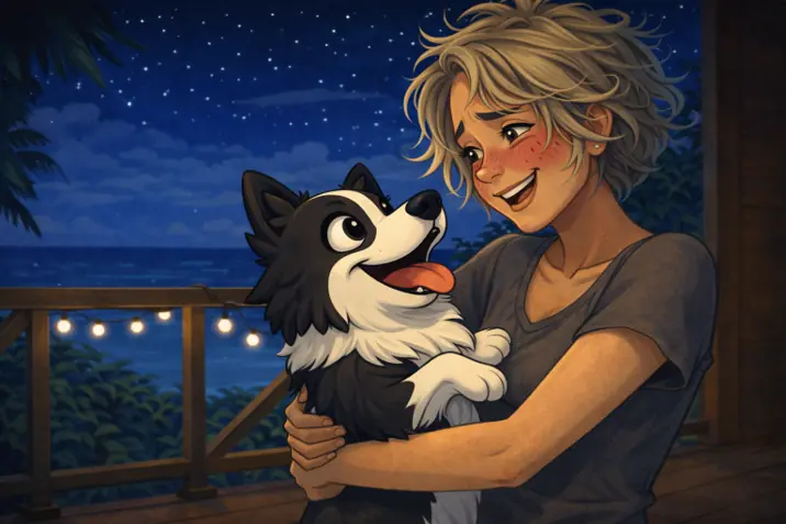 Tatie Nat câlinant joyeusement son chien Charlie retrouvé après sa fausse disparition.