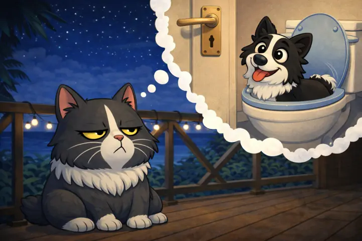 Marie-Joëlle le chat consterné imaginant le chien coincé dans la cuvette des toilettes.