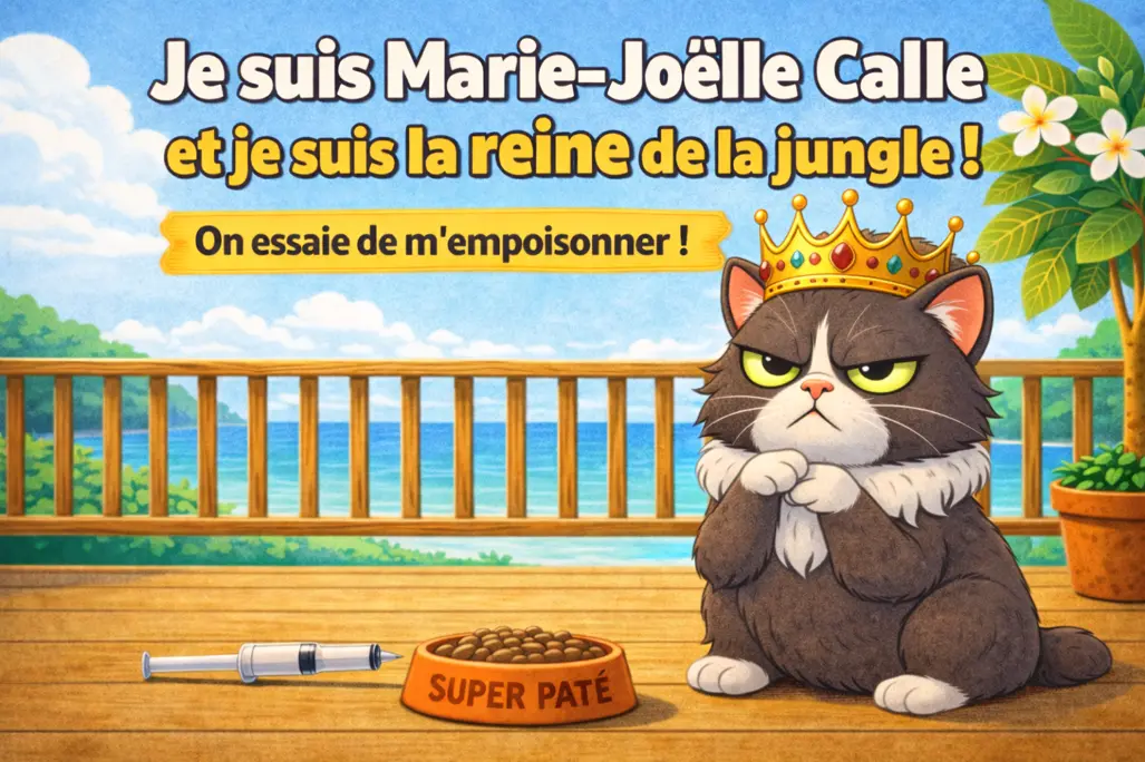 Conte illustré drôle pour enfants : Marie-Joëlle le chat boude avec sa couronne sur la terrasse devant une gamelle de pâtée et une pipette de médicament.