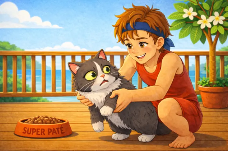 Dessin animé jeunesse montrant Liam attrapant le chat Marie-Joëlle près de sa gamelle sur la terrasse.