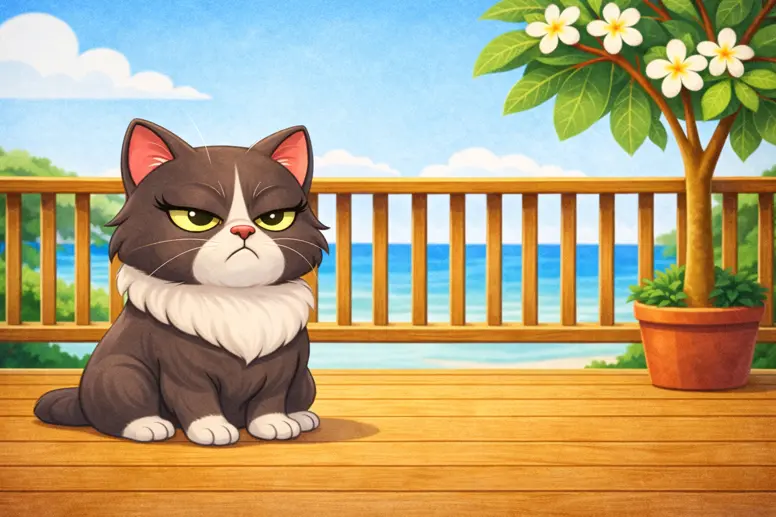 Illustration jeunesse de Marie-Joëlle assise fièrement sur la terrasse avec son regard boudeur.
