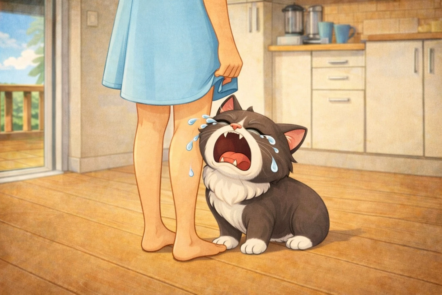 Dessin animé jeunesse montrant Marie-Joëlle le chat pleurant et hurlant à gorge déployée pour réclamer son repas du matin.