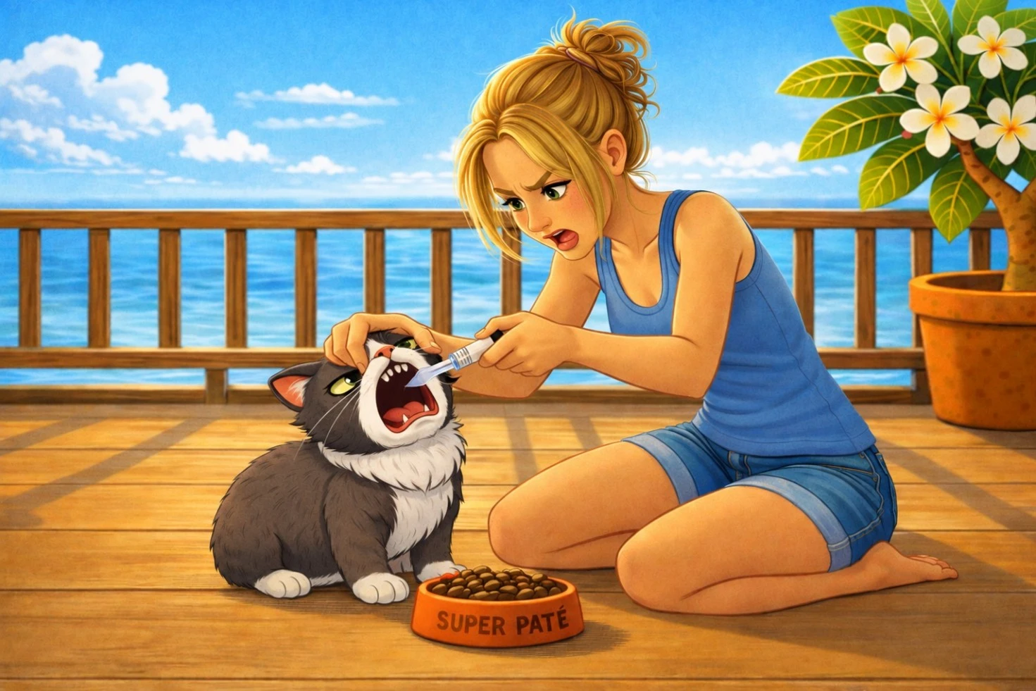 Illustration de conte pour enfants montrant Maman administrant un médicament à la pipette au chat Marie-Joëlle.