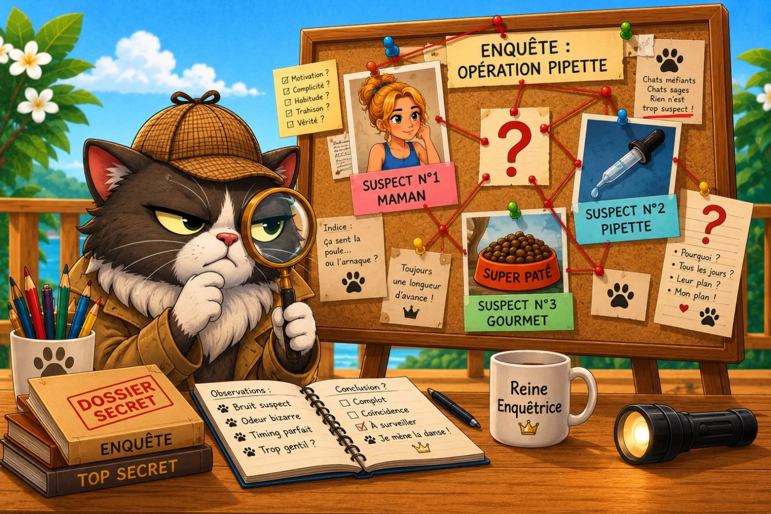 Marie-Joëlle déguisée en détective avec une loupe devant un tableau d'enquête pour enfants.