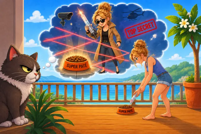 Dessin style dessin animé de Marie-Joëlle imaginant Maman en agent secret avec des lasers et une seringue.