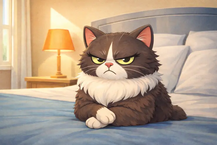 Illustration d'un chat grognon assis sur le lit pour échapper à son traitement médical.