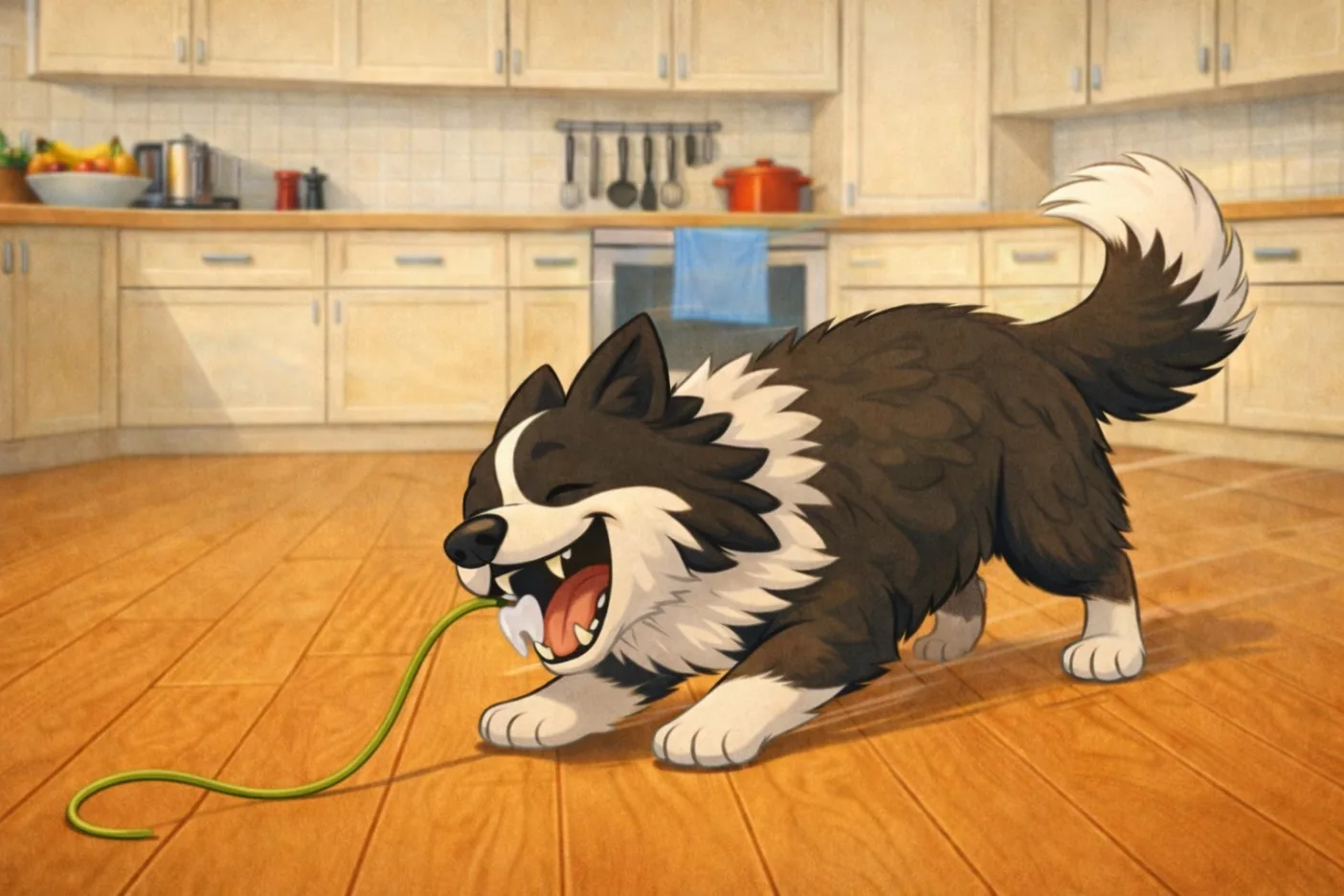 Le chien Charlie avalant malencontreusement la dent de Liam.