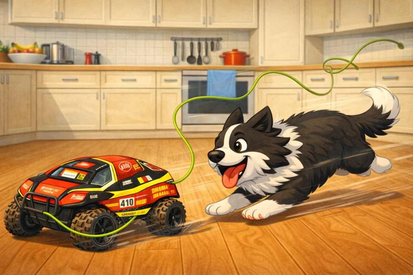 Le chien Charlie poursuivant la voiture télécommandée dans la maison.
