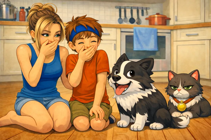 Portrait de famille avec Marie-Joëlle, Liam sans sa dent et Charlie le chien.