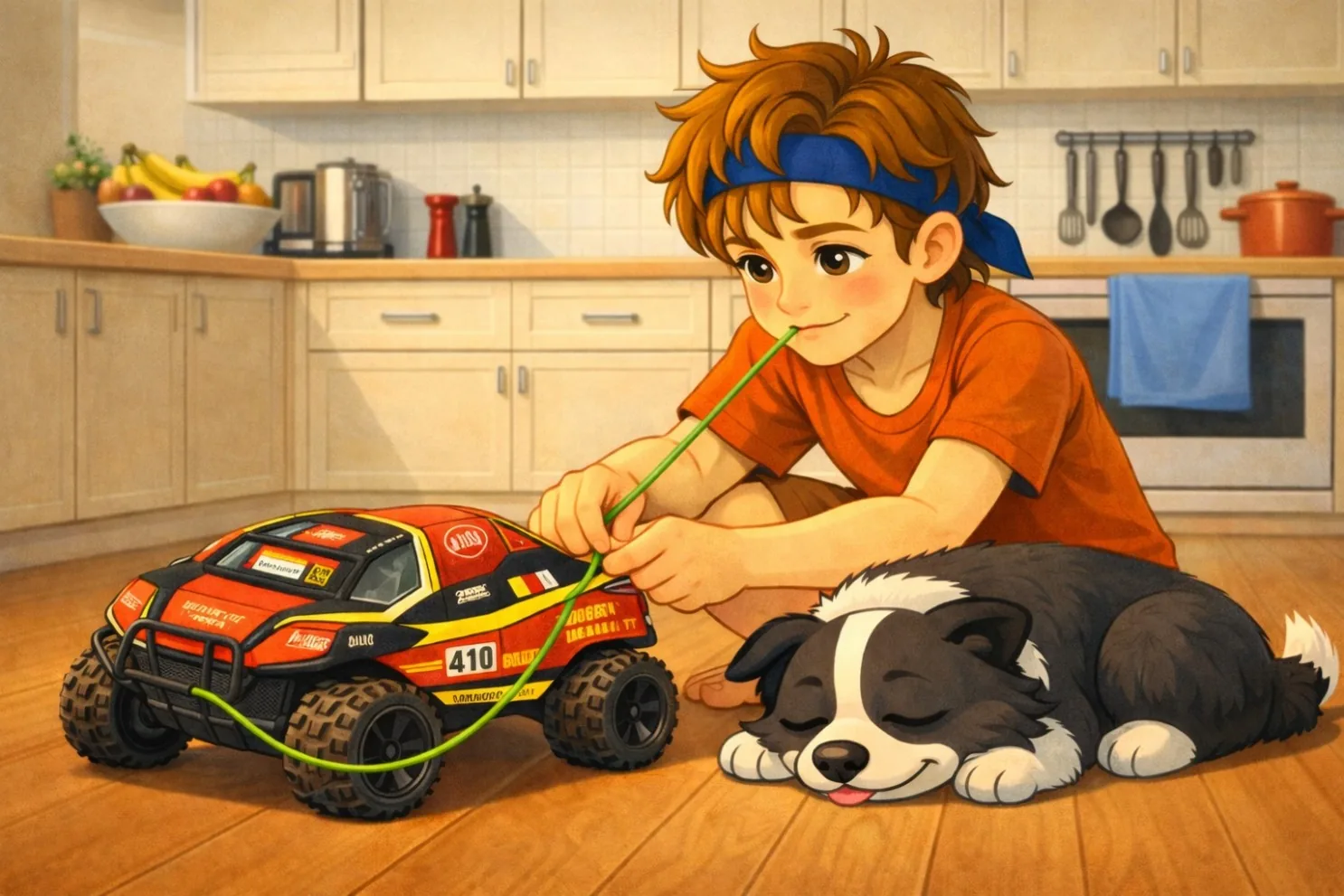 Liam attachant sa dent de lait à une voiture télécommandée.