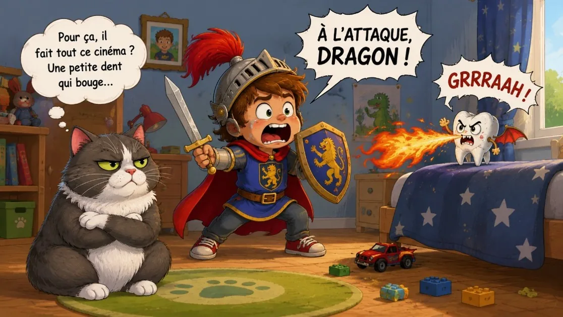 Liam se tenant la joue comme s'il combattait un dragon pendant que Marie-Joëlle l'observe.