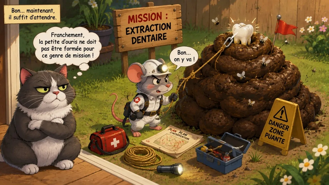 Une petite souris désemparée devant une mission d'extraction dentaire peu ragoûtante.