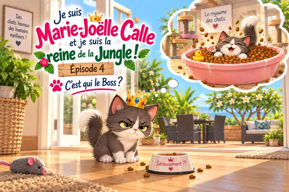 Couverture de l’épisode « C’est qui le Boss ? » avec Marie-Joëlle couronnée devant sa gamelle