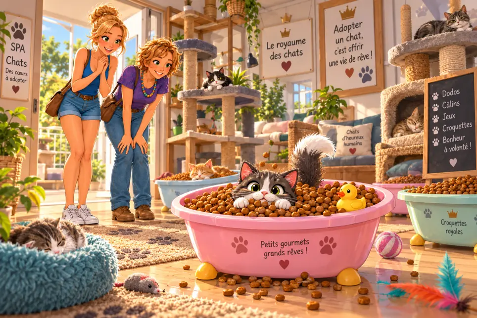 Marie-Joëlle découvre la baignoire de croquettes de la SPA
