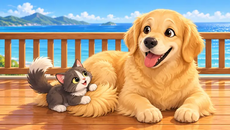 Marie-Joëlle bébé chat et Louise le Golden Retriever deviennent les meilleures amies du monde.