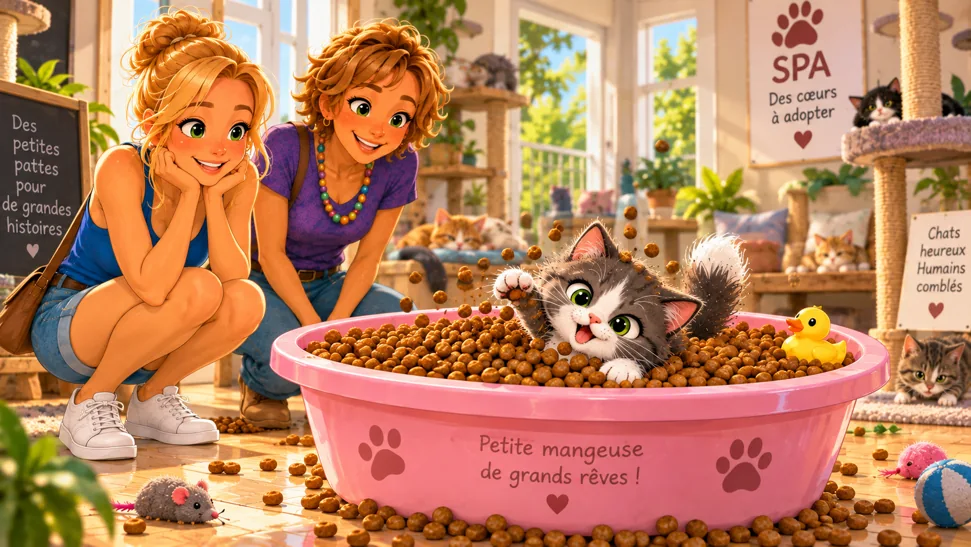 Marie-Joëlle mangeant dans la baignoire de croquettes sous le regard de Maman
