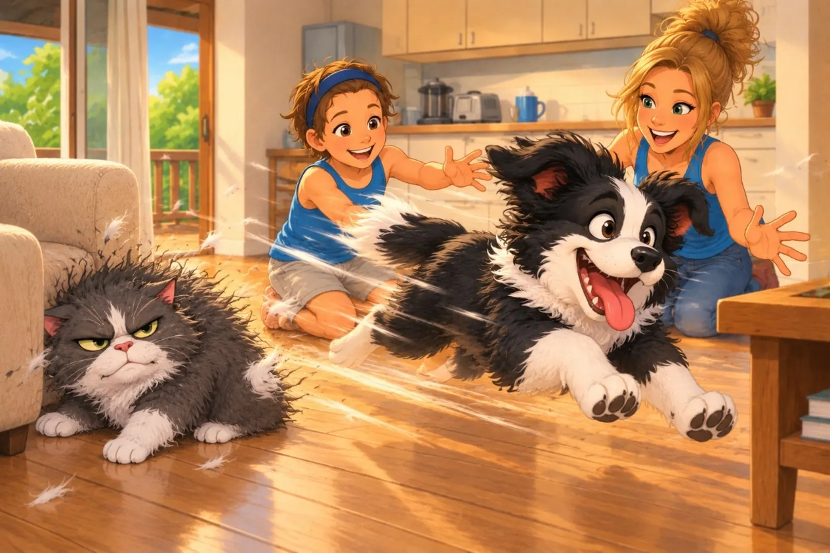 Charlie le chien faisant des câlins à Maman et Liam
