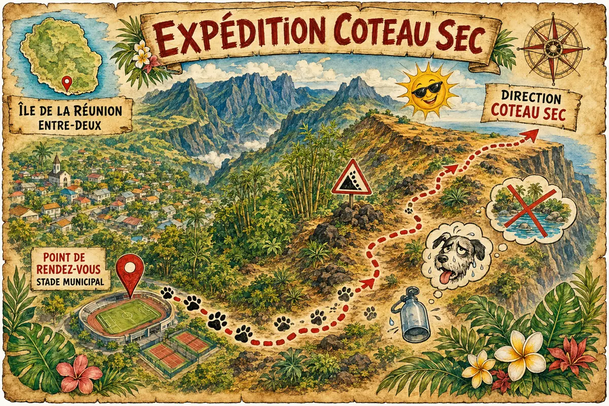 Carte illustrée de la randonnée de Coteau Sec à l'Entre-Deux, sur l'île de La Réunion, dans une aventure de Marie-Joëlle
