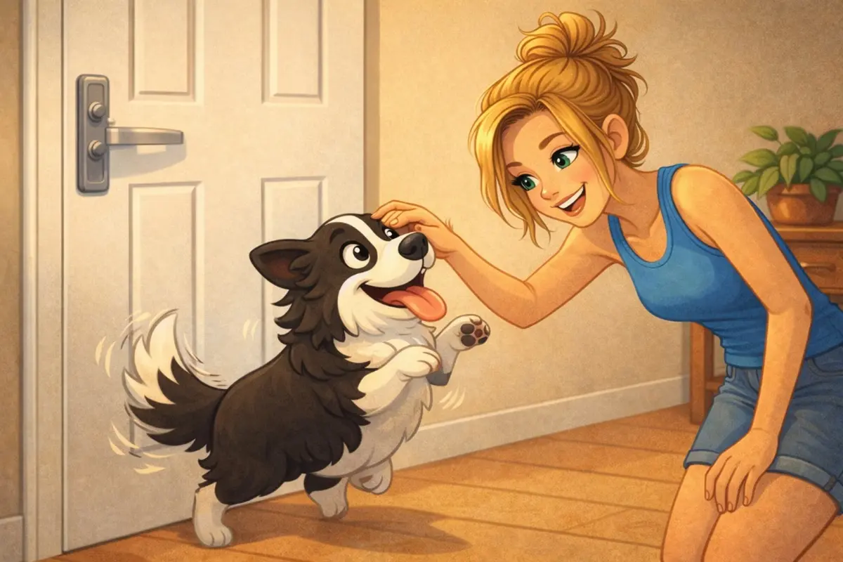 Dessin animé pour enfants montrant Charlie le chien surexcité de partir en promenade.