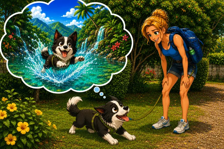Charlie le chien rêvant d'une baignade dans une rivière tropicale fraîche.