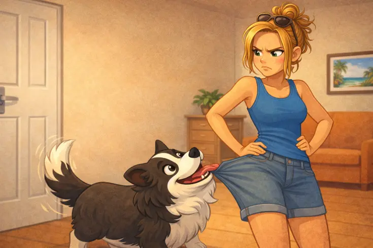 Charlie le chien tirant Maman pour partir plus vite en balade.