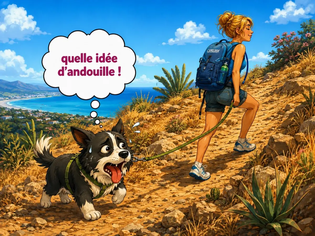 Maman et Charlie le chien marchant sous la chaleur du sentier de Coteau Sec à l'Entre-Deux.