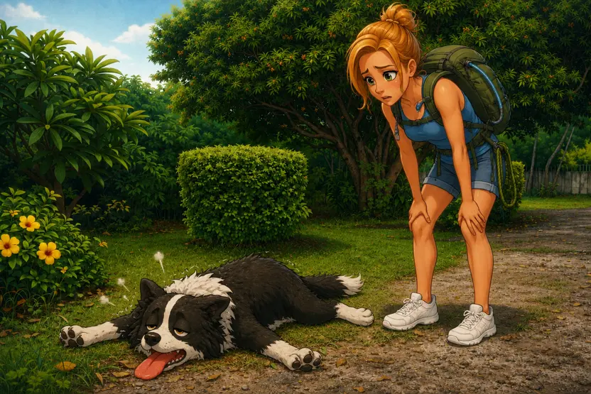Charlie le chien étalé par terre, complètement épuisé après sa randonnée.