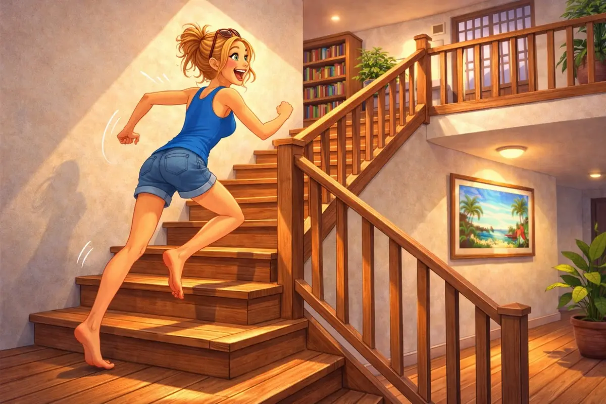 Maman qui court dans les escaliers de la maison sans montrer la moindre fatigue.