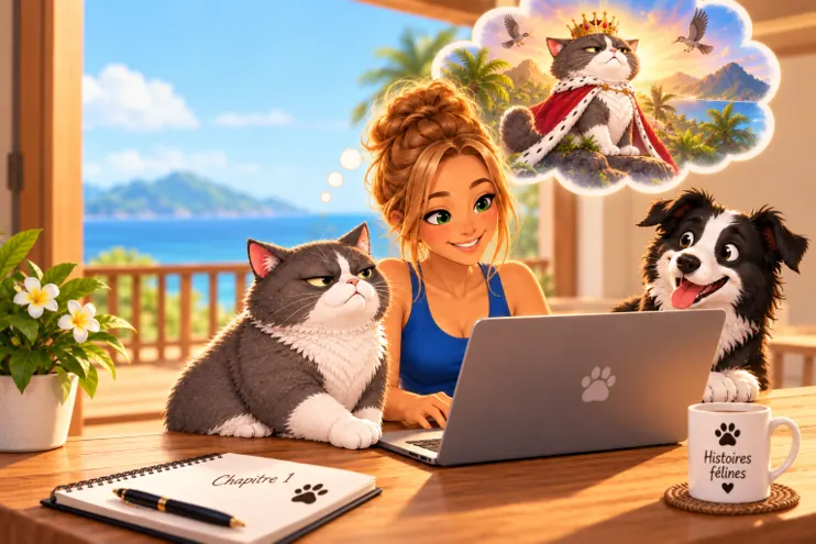 Maman écrivant les histoires de Marie-Joëlle le chat