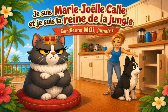 Marie-Joëlle, héroïne d’une histoire drôle pour enfants sur Plume de Virginie, refuse de monter la garde devant le placard de la cuisine.