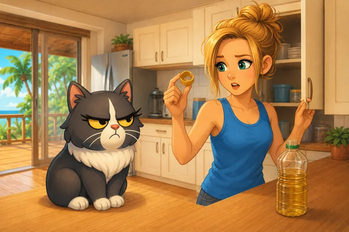 Maman découvre le bouchon d'huile grignoté devant Marie-Joëlle perplexe.