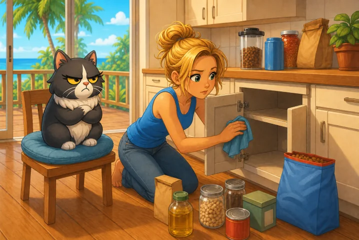 Marie-Joëlle supervise le nettoyage de Maman depuis le confort de son coussin.